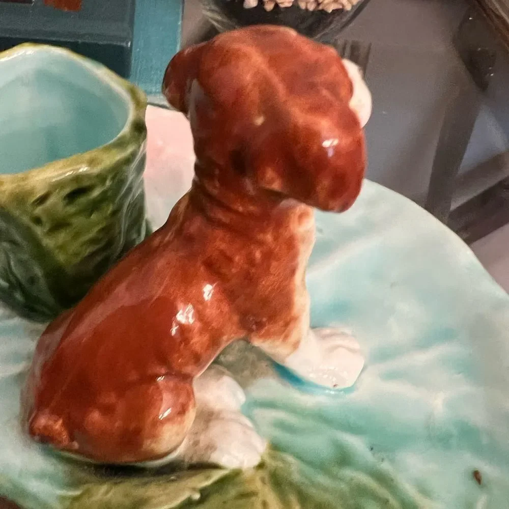 Vintage ceramic puppy on lily pad w tree holder.